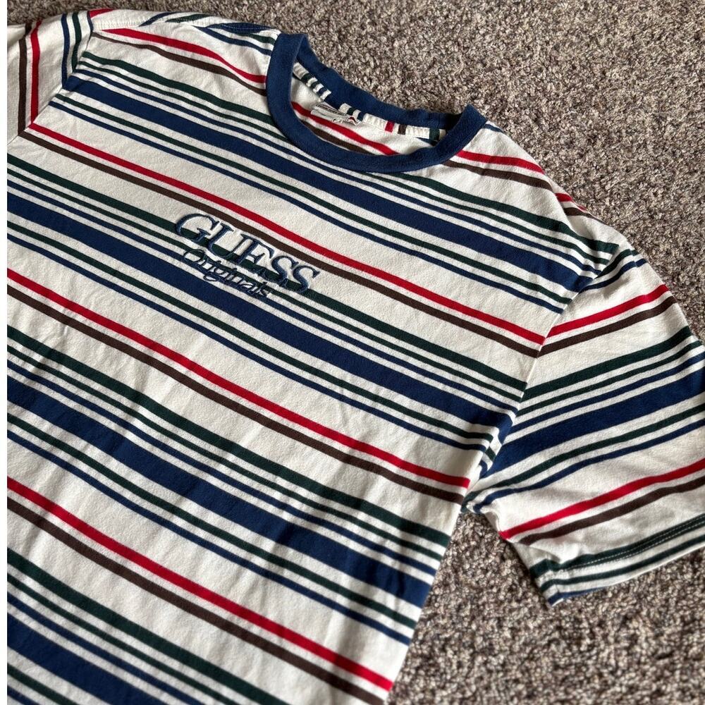 Guess Striped T-Shirt Large L Vintage Style Multi-Color Knit Retro Crew Neck Top
